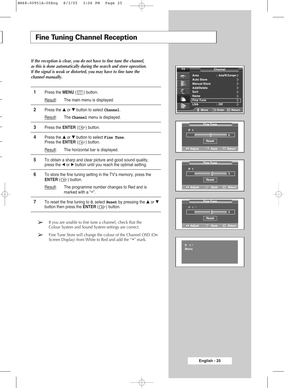 Fine tuning channel reception | Samsung BN68-00951A-00 User Manual | Page 25 / 68