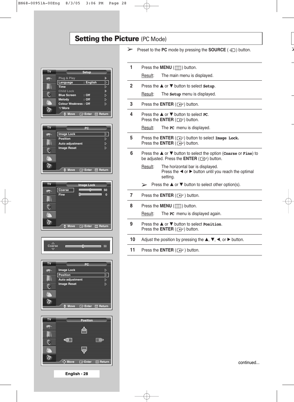 Setting the picture(pc mode), Setting the picture, Pc mode) | Samsung BN68-00951A-00 User Manual | Page 28 / 68