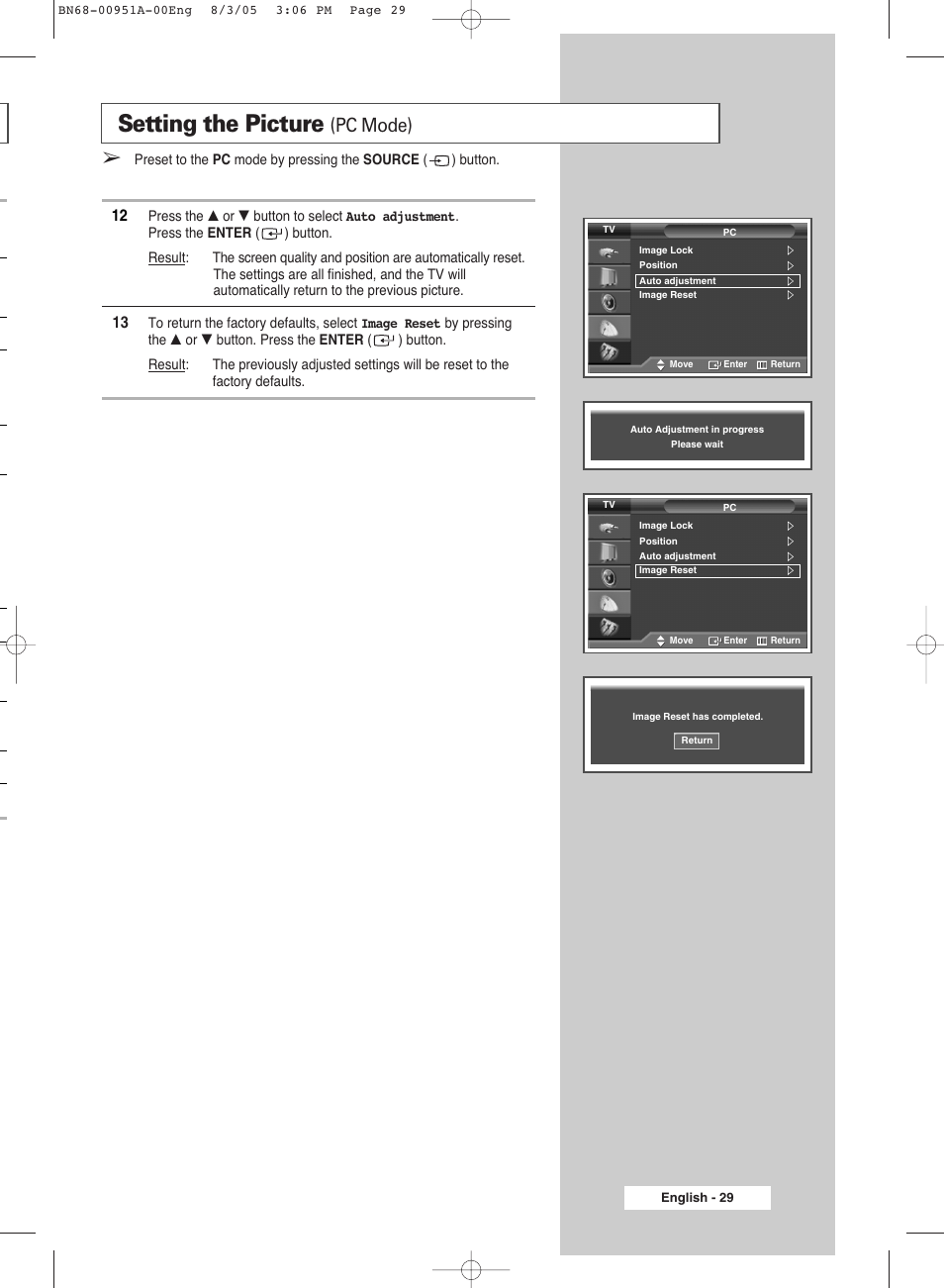 Setting the picture, Pc mode) | Samsung BN68-00951A-00 User Manual | Page 29 / 68