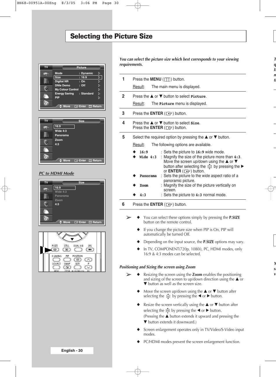 Selecting the picture size | Samsung BN68-00951A-00 User Manual | Page 30 / 68