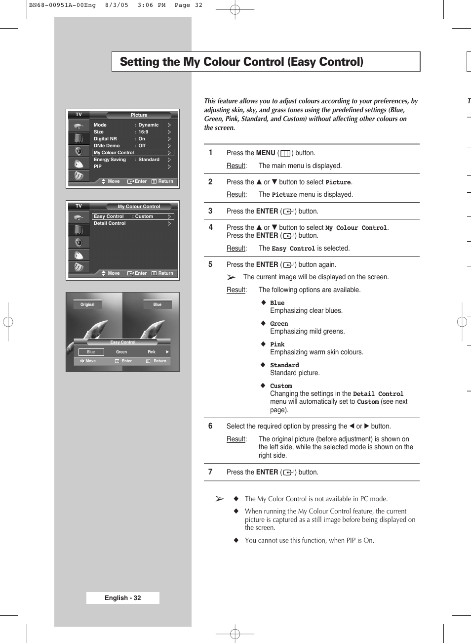 Setting the my colour control(easy control), Setting the my colour control (easy control) | Samsung BN68-00951A-00 User Manual | Page 32 / 68