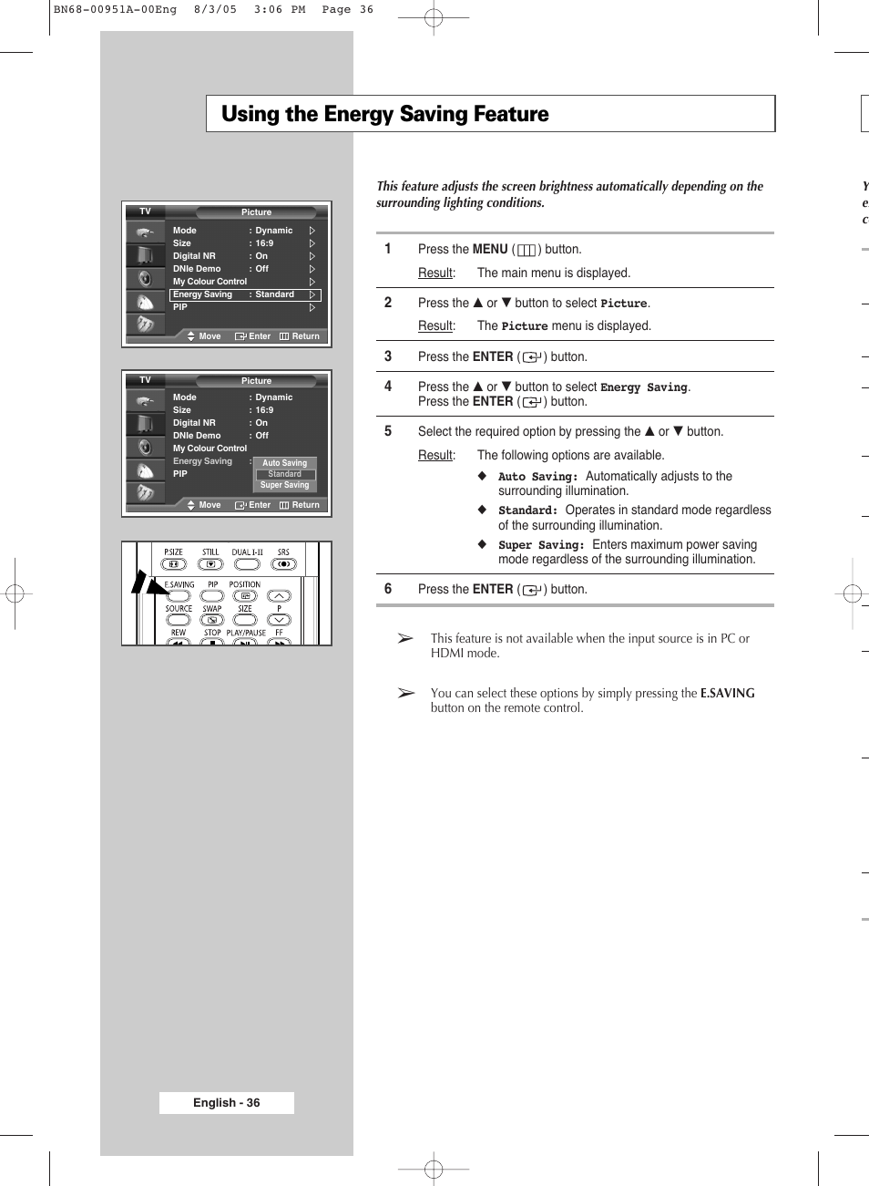 Using the energy saving feature | Samsung BN68-00951A-00 User Manual | Page 36 / 68