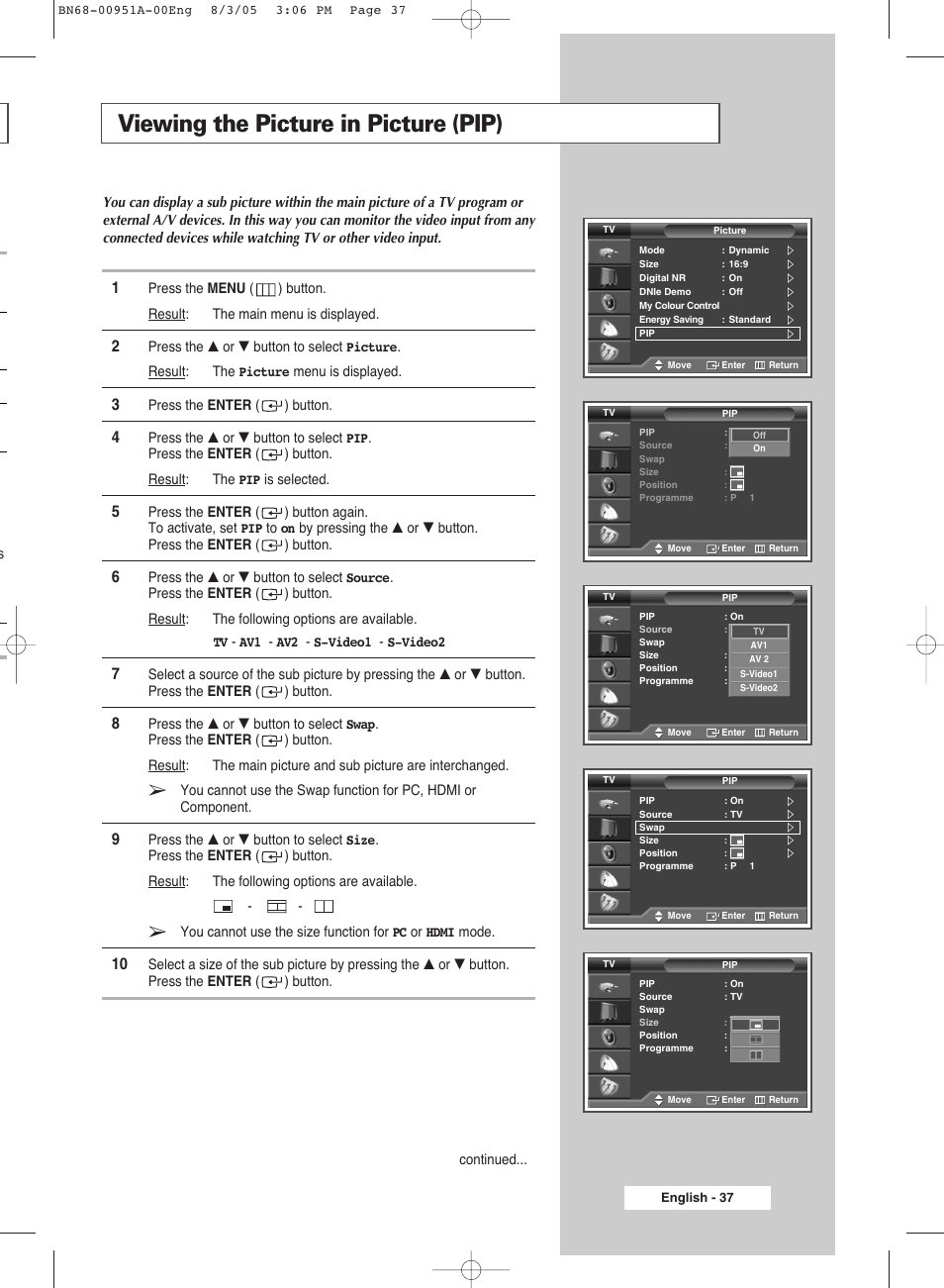 Viewing the picture in picture(pip), Viewing the picture in picture (pip) | Samsung BN68-00951A-00 User Manual | Page 37 / 68