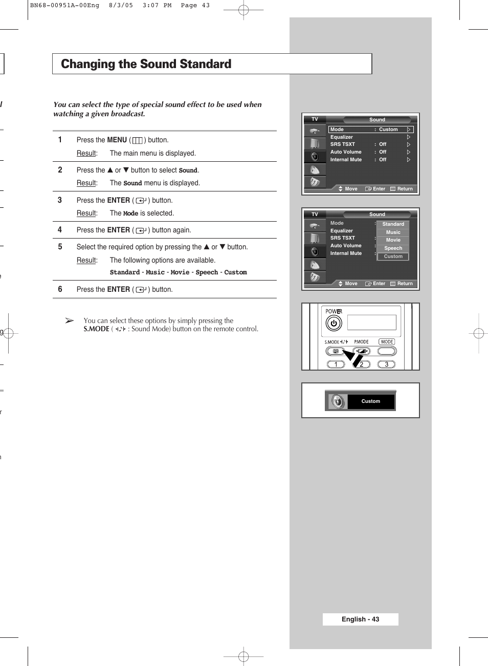 Changing the sound standard | Samsung BN68-00951A-00 User Manual | Page 43 / 68