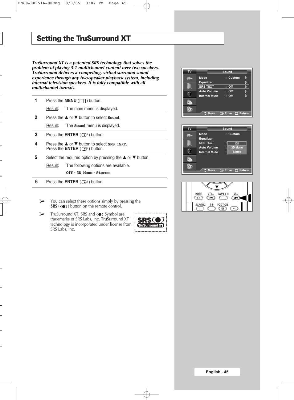 Setting the trusurround xt | Samsung BN68-00951A-00 User Manual | Page 45 / 68