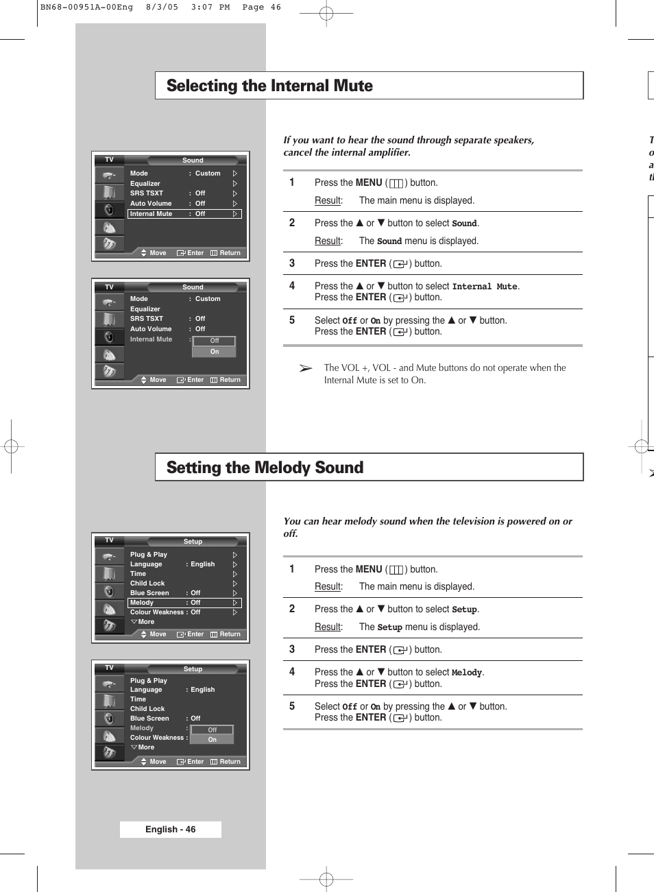 Selecting the internal mute, Setting the melody sound | Samsung BN68-00951A-00 User Manual | Page 46 / 68