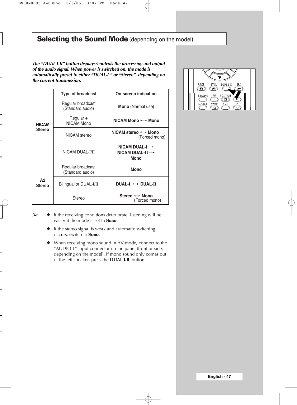 Selecting the sound mode(depending on the model), Selecting the sound mode, Depending on the model) | Samsung BN68-00951A-00 User Manual | Page 47 / 68