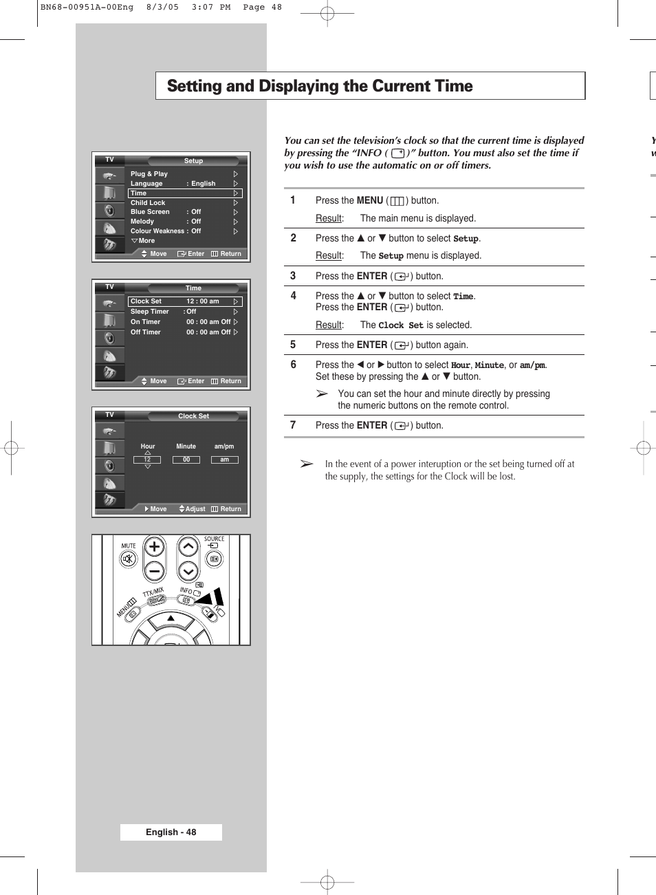 Setting and displaying the current time | Samsung BN68-00951A-00 User Manual | Page 48 / 68