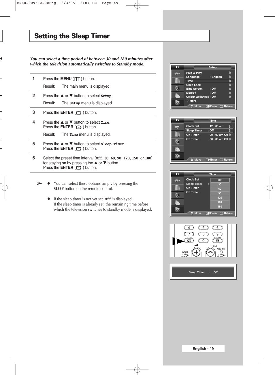 Setting the sleep timer | Samsung BN68-00951A-00 User Manual | Page 49 / 68