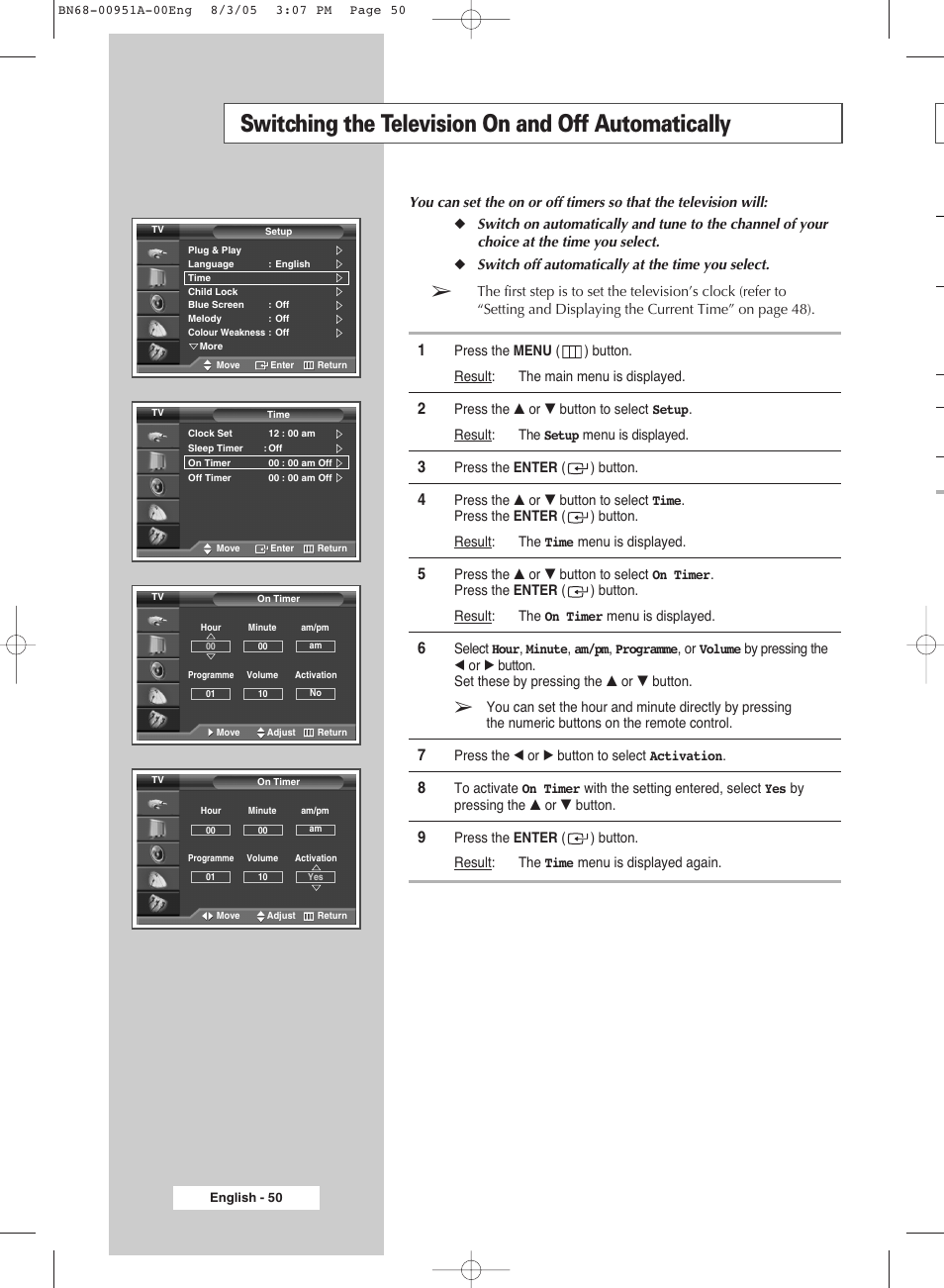 Switching the television on and off automatically | Samsung BN68-00951A-00 User Manual | Page 50 / 68