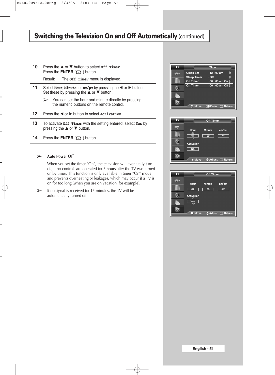 Switching the television on and off automatically, Continued) | Samsung BN68-00951A-00 User Manual | Page 51 / 68