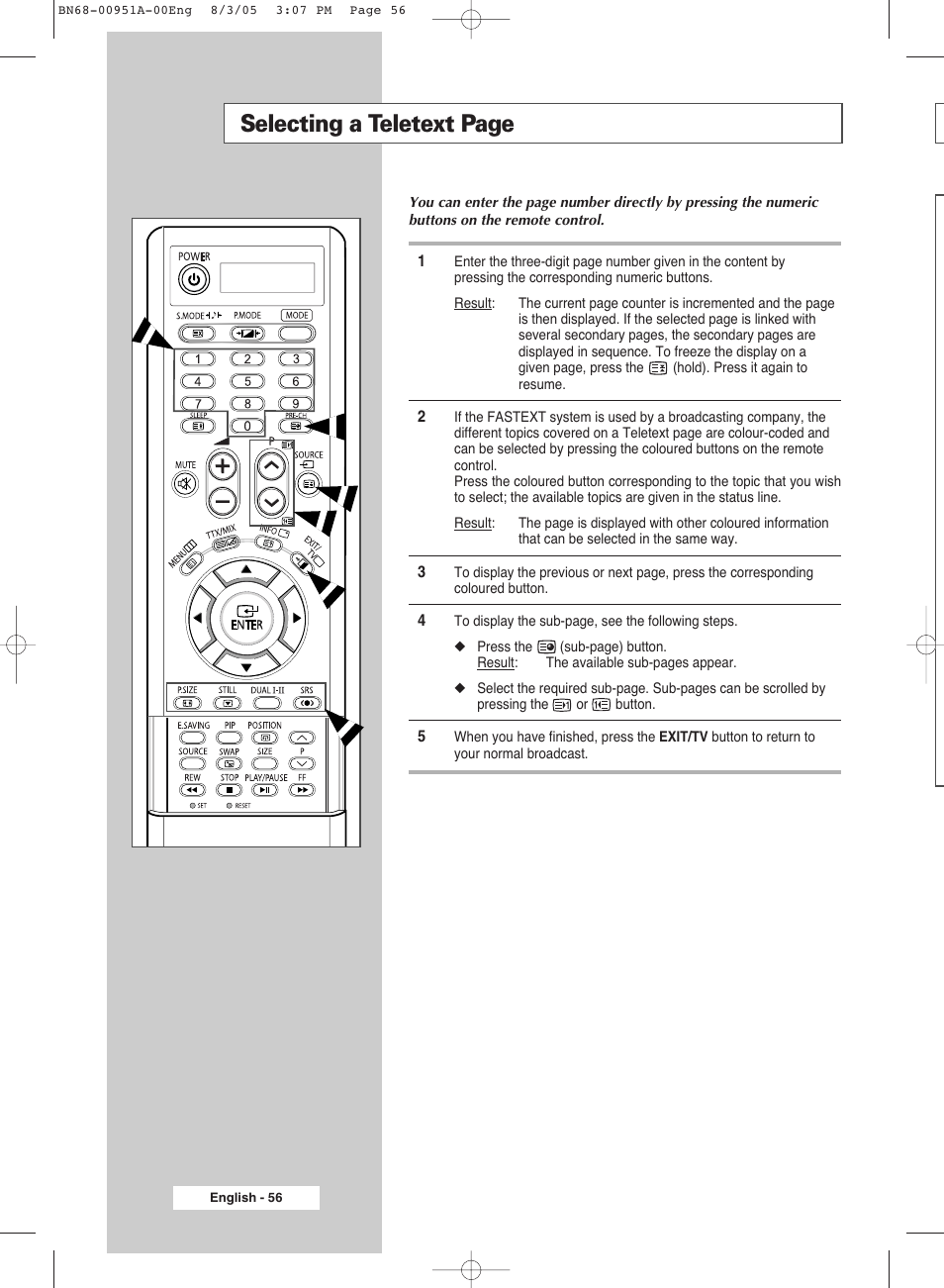 Selecting a teletext page | Samsung BN68-00951A-00 User Manual | Page 56 / 68