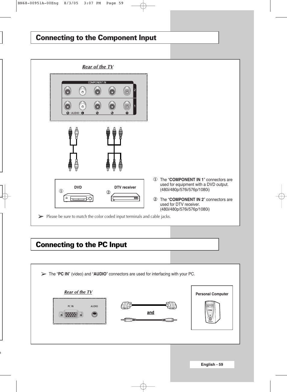 Connecting to the component input, Connecting to the pc input | Samsung BN68-00951A-00 User Manual | Page 59 / 68