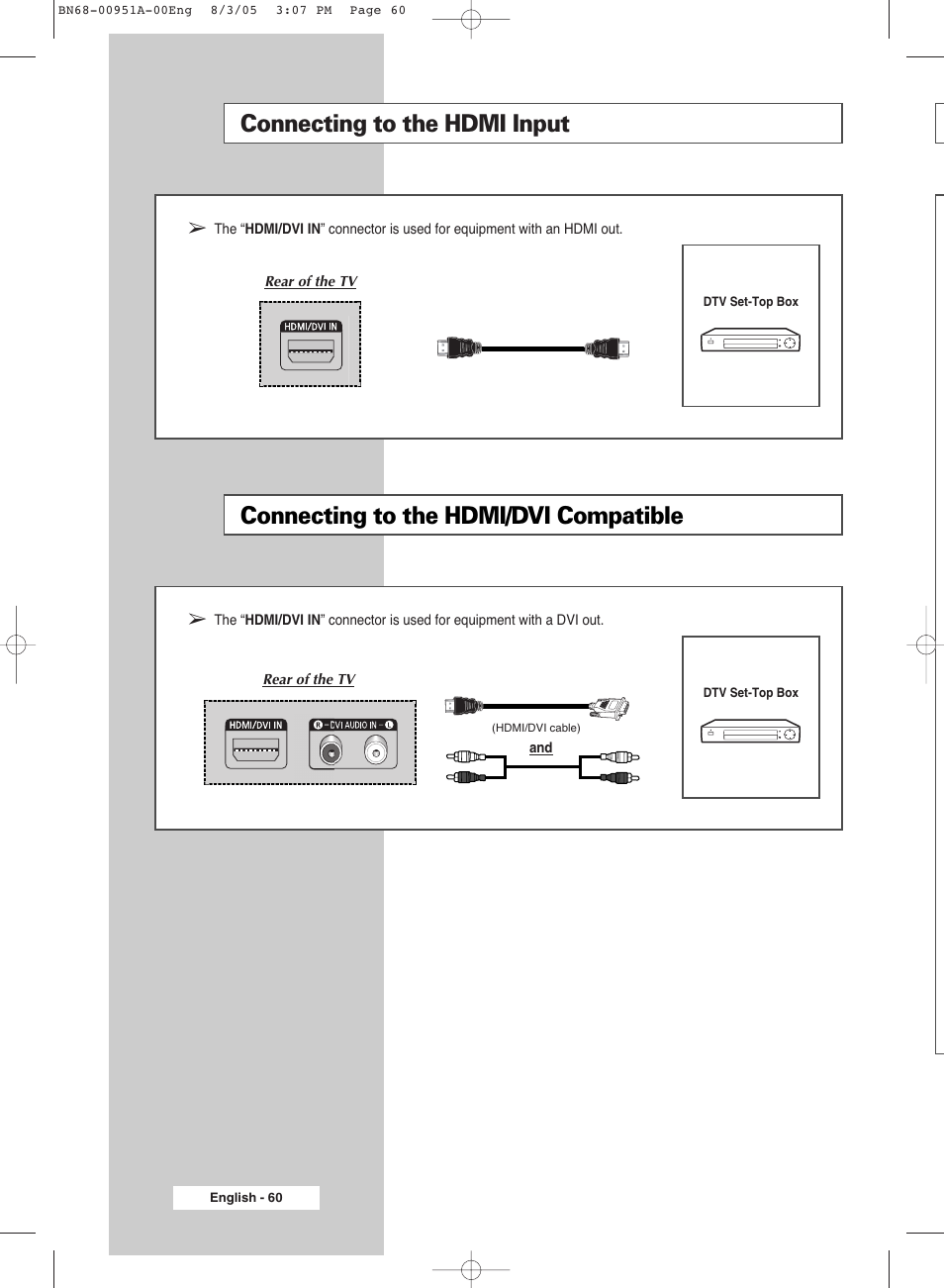 Connecting to the hdmi input, Connecting to the hdmi/dvi compatible | Samsung BN68-00951A-00 User Manual | Page 60 / 68