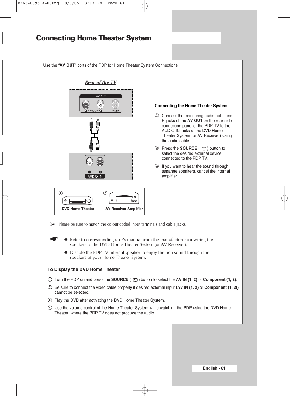 Connecting home theater system | Samsung BN68-00951A-00 User Manual | Page 61 / 68