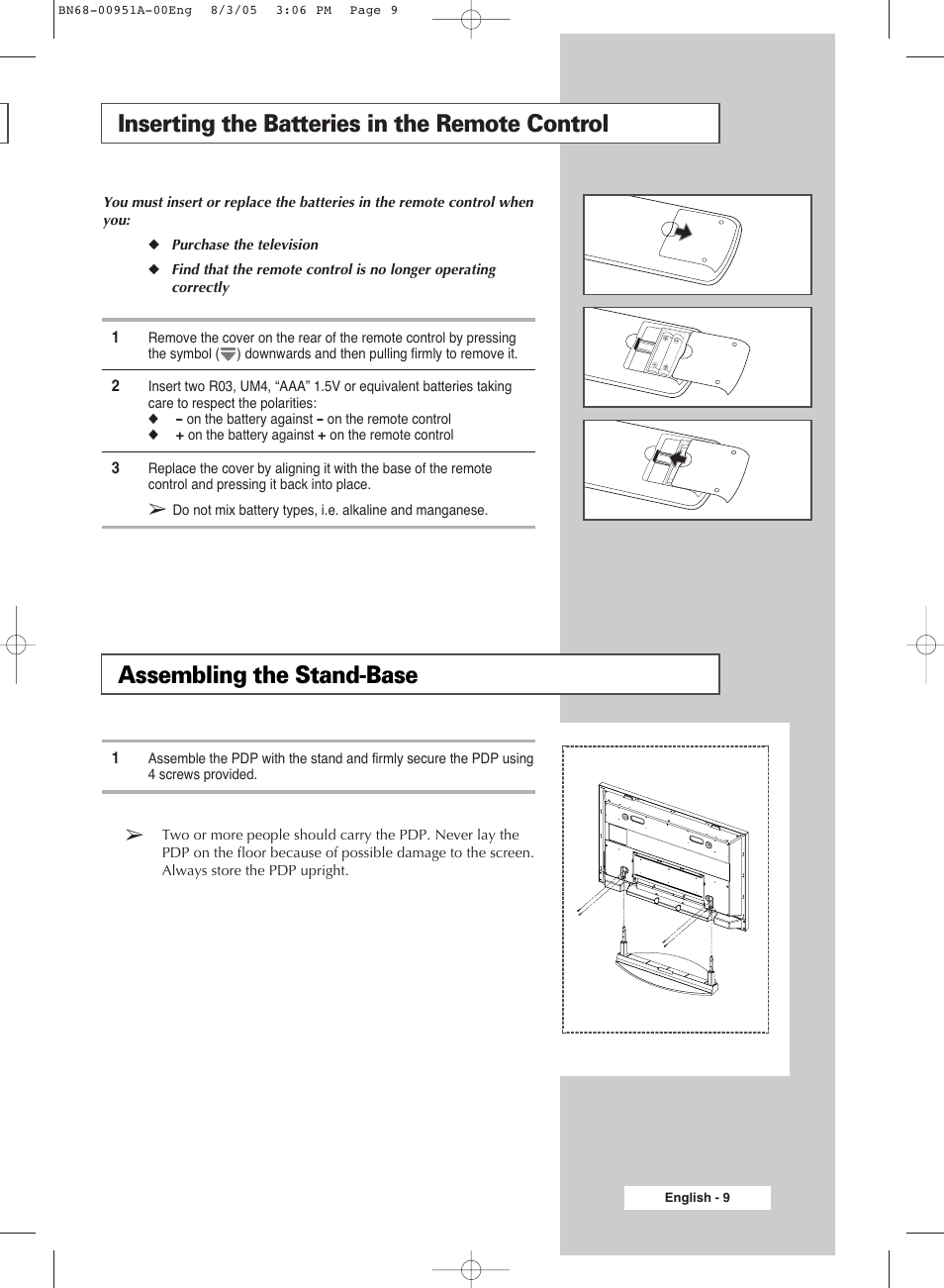 Inserting the batteries in the remote control, Assembling the stand-base | Samsung BN68-00951A-00 User Manual | Page 9 / 68