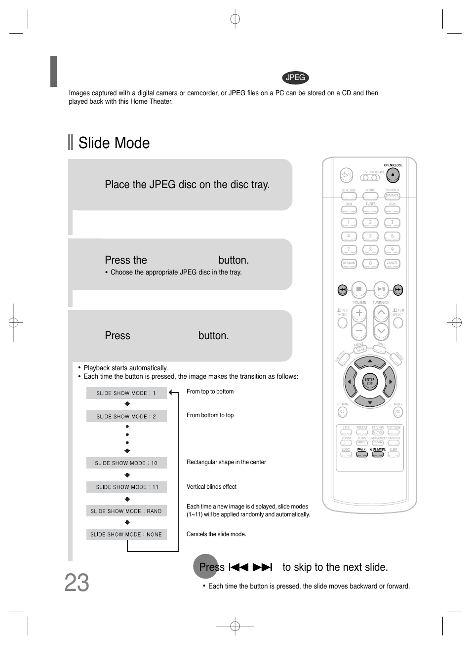Jpeg file playback, Slide mode | Samsung HT-P29 User Manual | Page 25 / 69