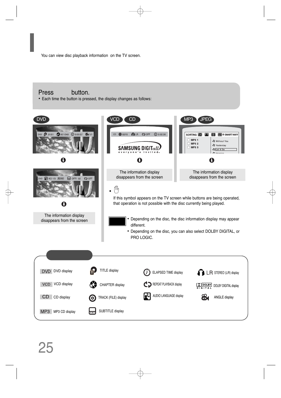 Displaying disc information, Press info button | Samsung HT-P29 User Manual | Page 27 / 69
