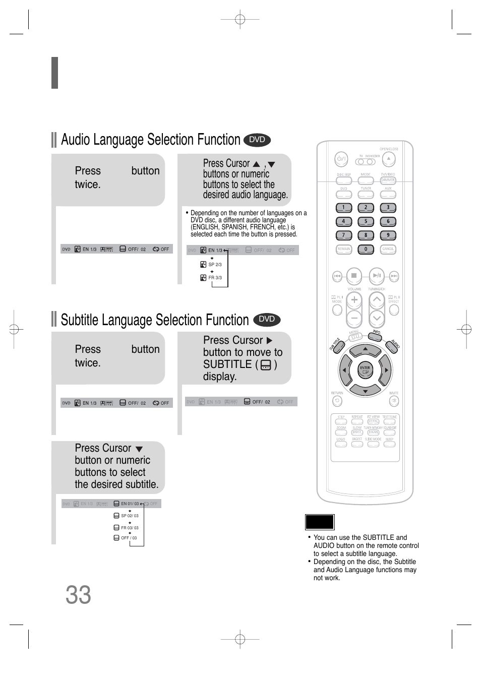 Selecting audio/subtitle language 33, Audio language selection function, Subtitle language selection function | Samsung HT-P29 User Manual | Page 35 / 69