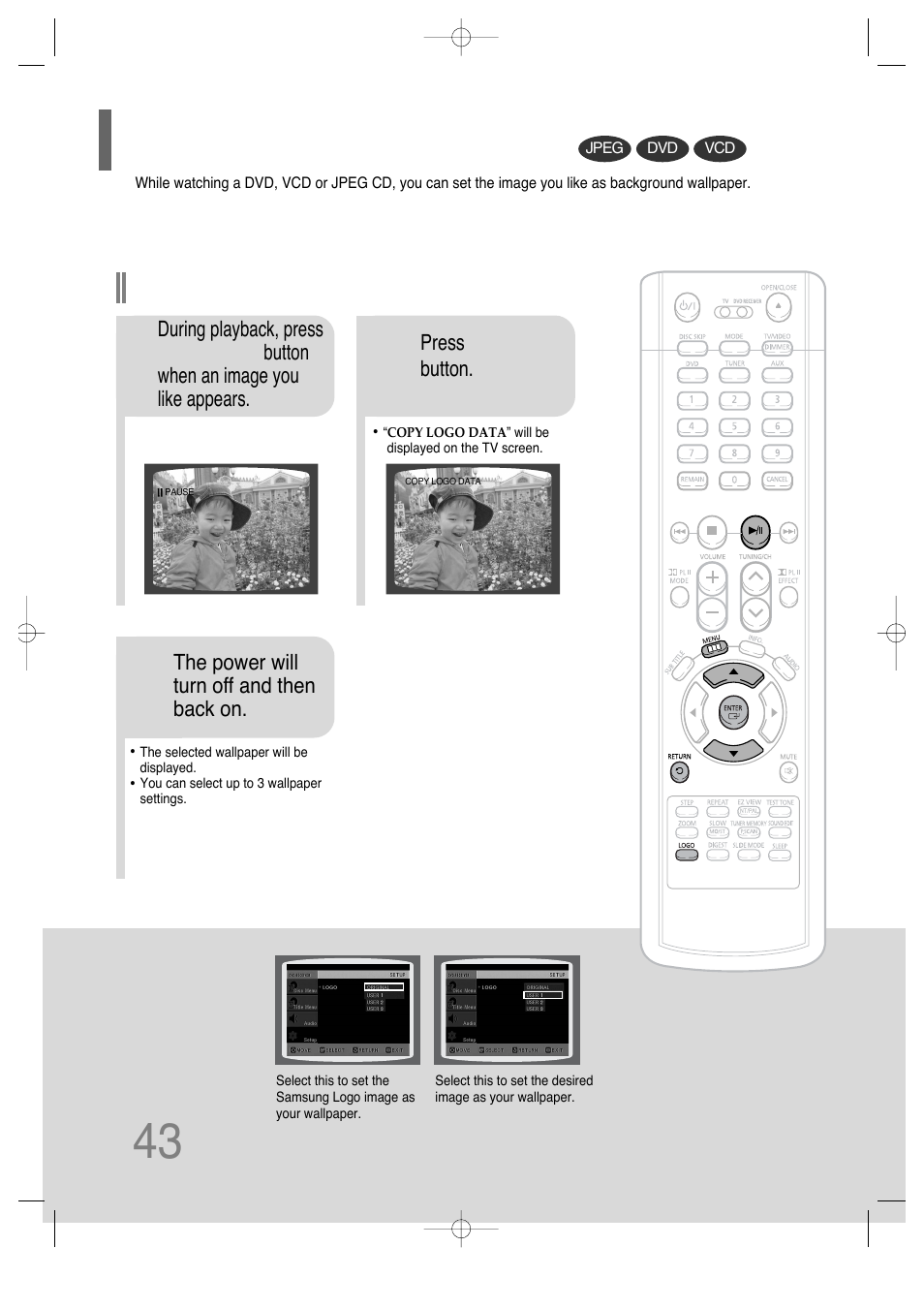 Setting the wallpaper | Samsung HT-P29 User Manual | Page 45 / 69