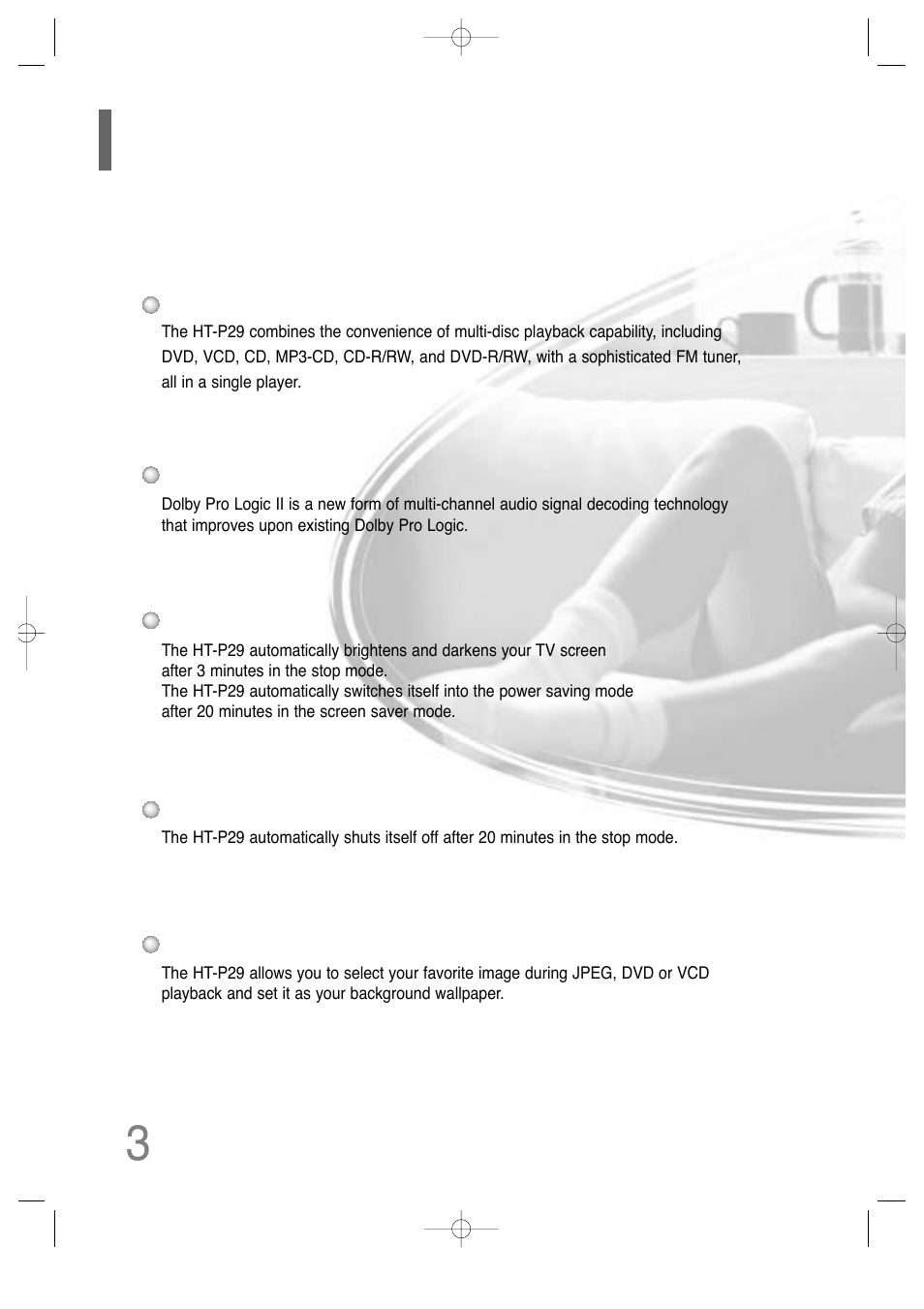 Features | Samsung HT-P29 User Manual | Page 5 / 69