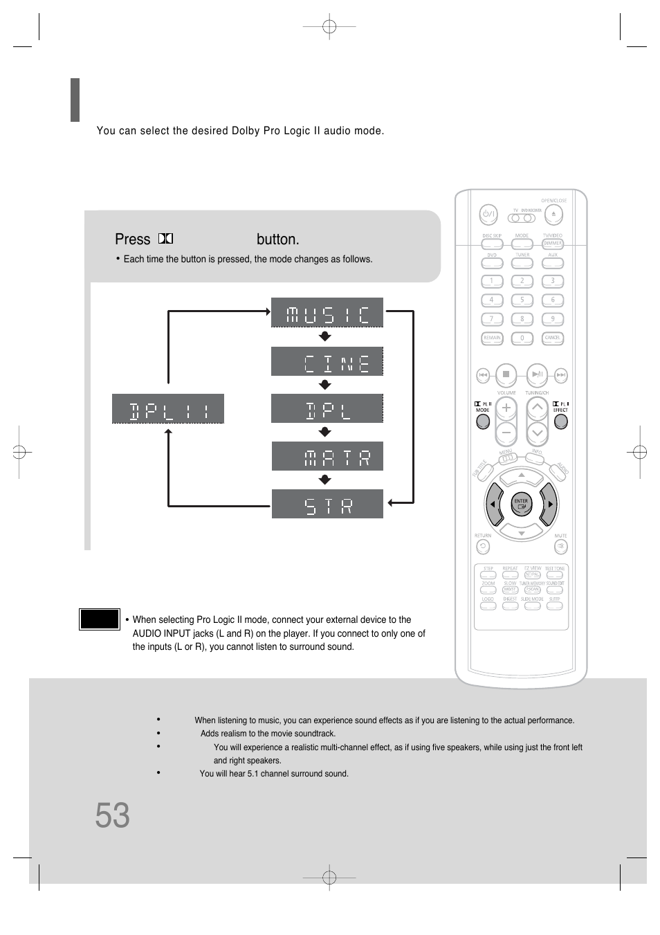 Dolby pro logic ii mode, Press pl ii mode button | Samsung HT-P29 User Manual | Page 55 / 69
