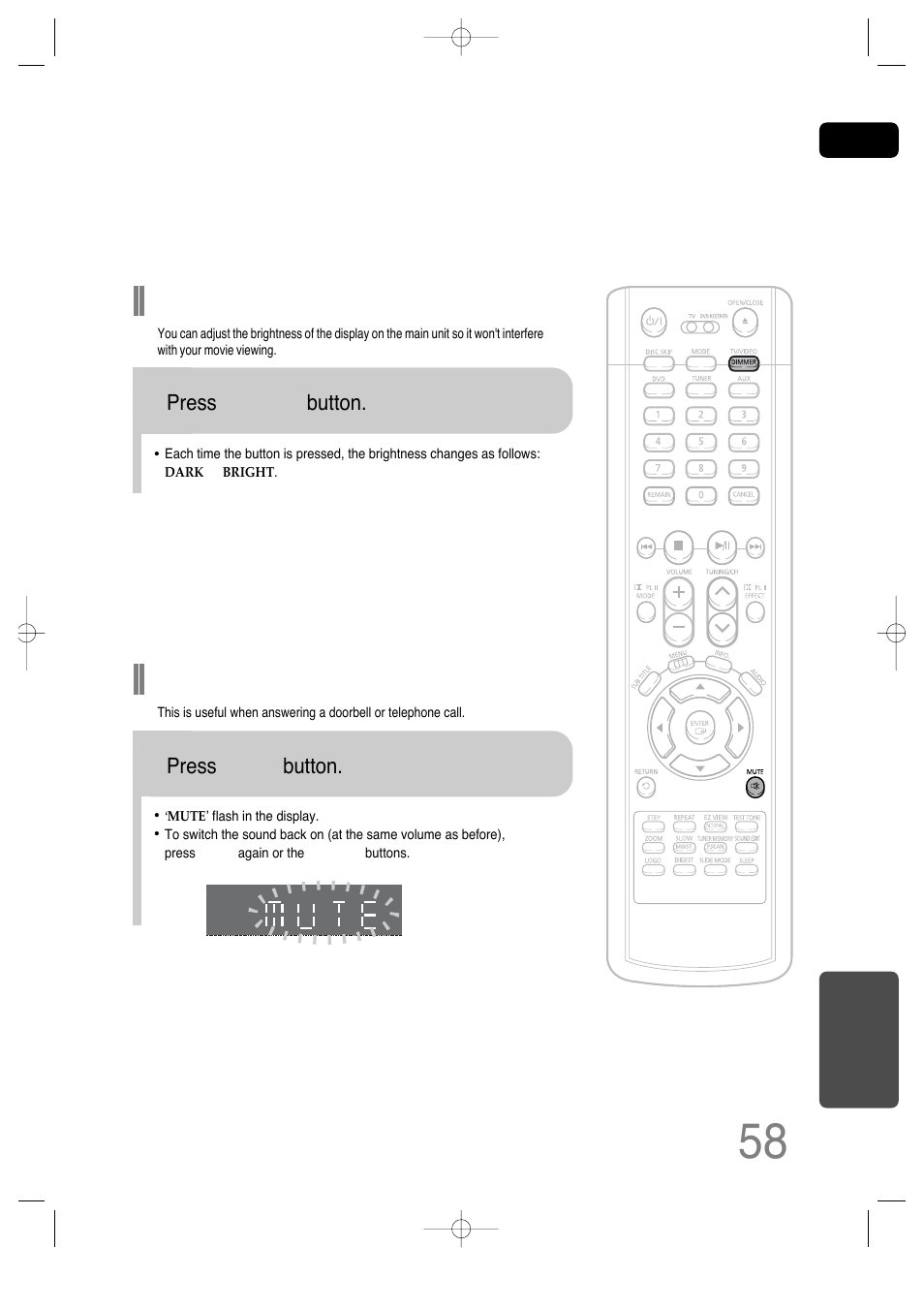 Adjusting display brightness, Mute function | Samsung HT-P29 User Manual | Page 60 / 69