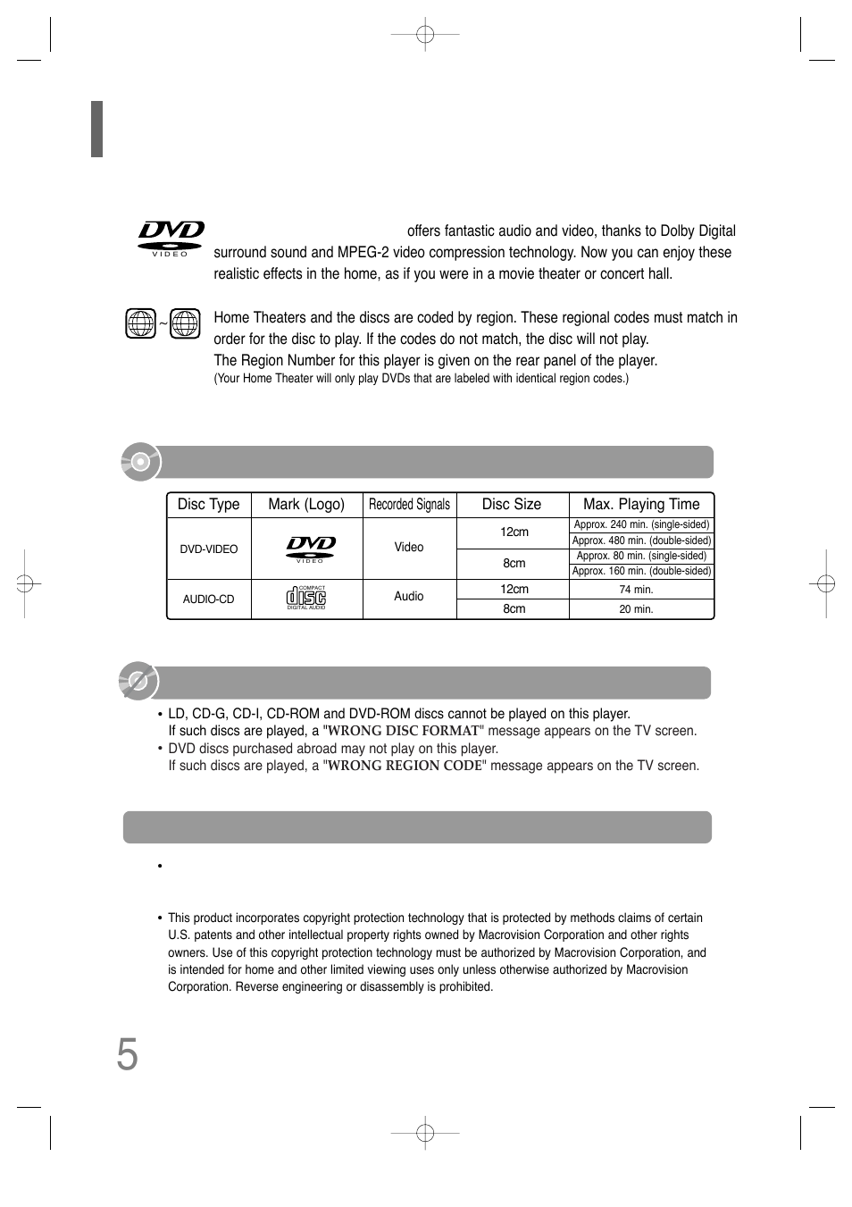 Do not use the following types of disc, Playable discs, Copy protection | Samsung HT-P29 User Manual | Page 7 / 69