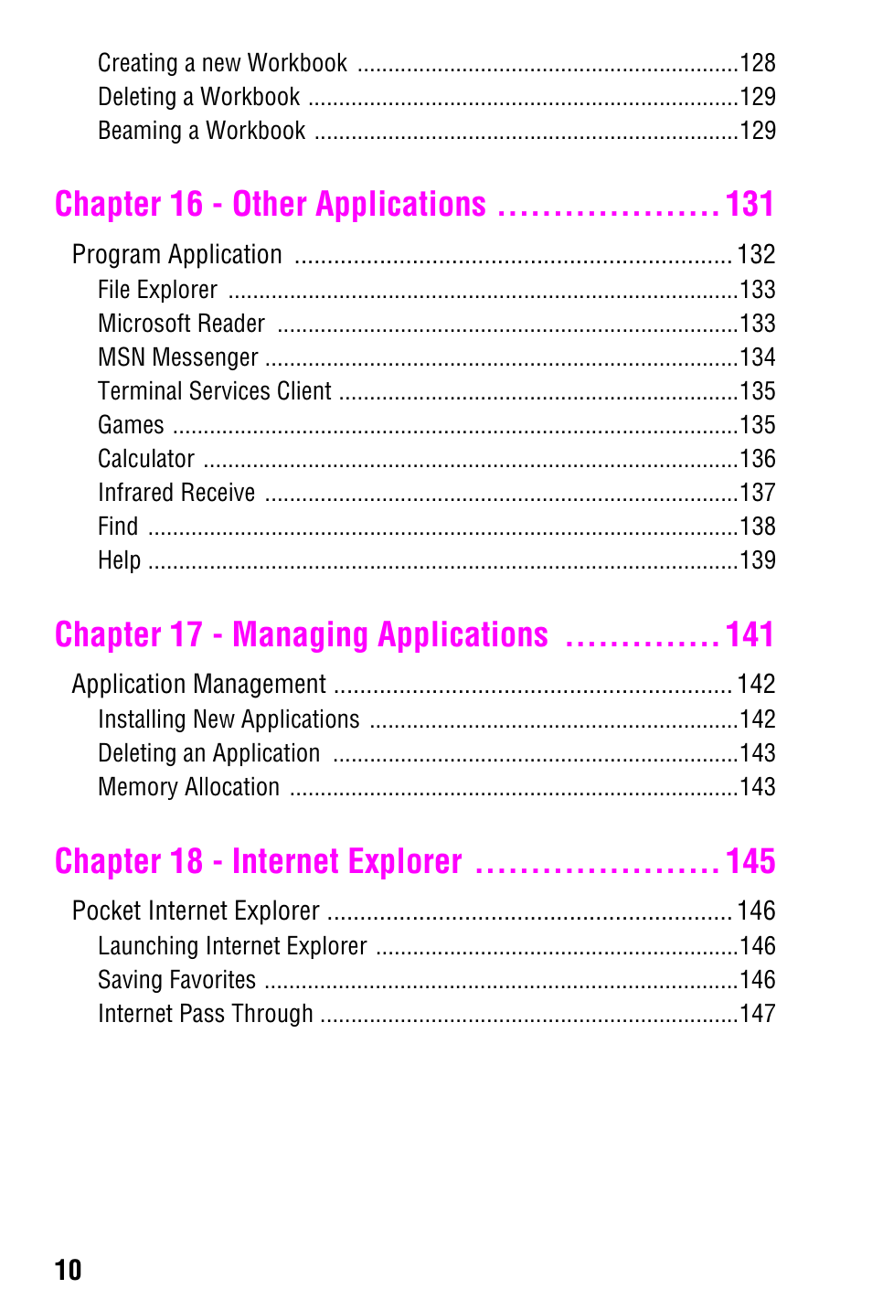 Chapter 16 - other applications, Chapter 17 - managing applications, Chapter 18 - internet explorer | Samsung SCH-i700 Series User Manual | Page 10 / 194