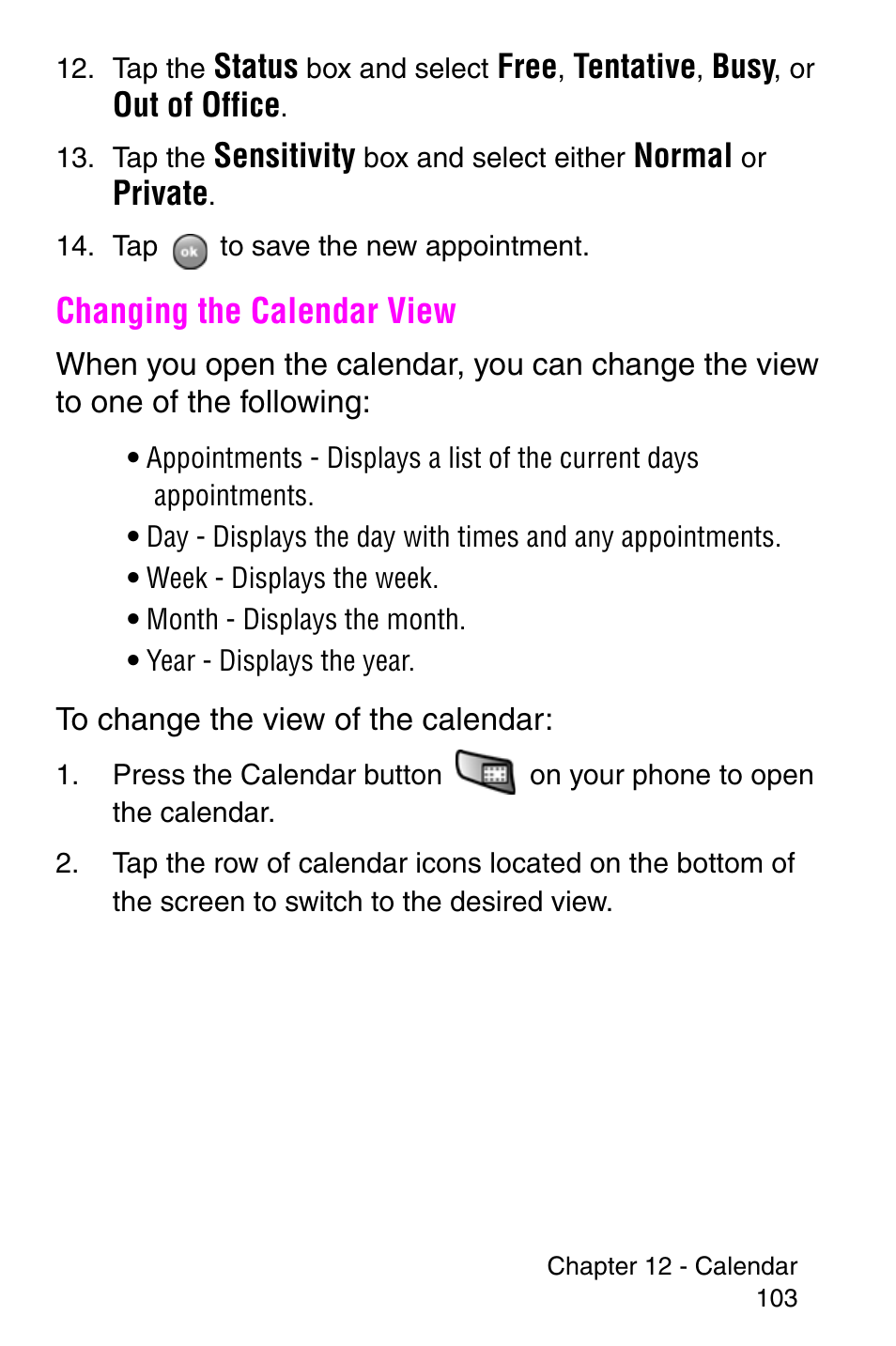 Changing the calendar view | Samsung SCH-i700 Series User Manual | Page 103 / 194
