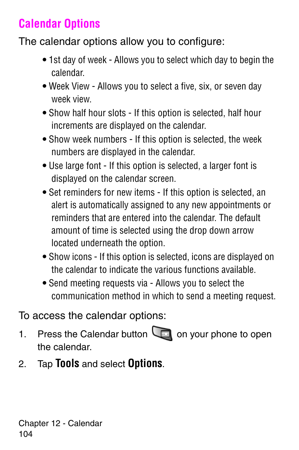 Calendar options, Tools, Options | Samsung SCH-i700 Series User Manual | Page 104 / 194