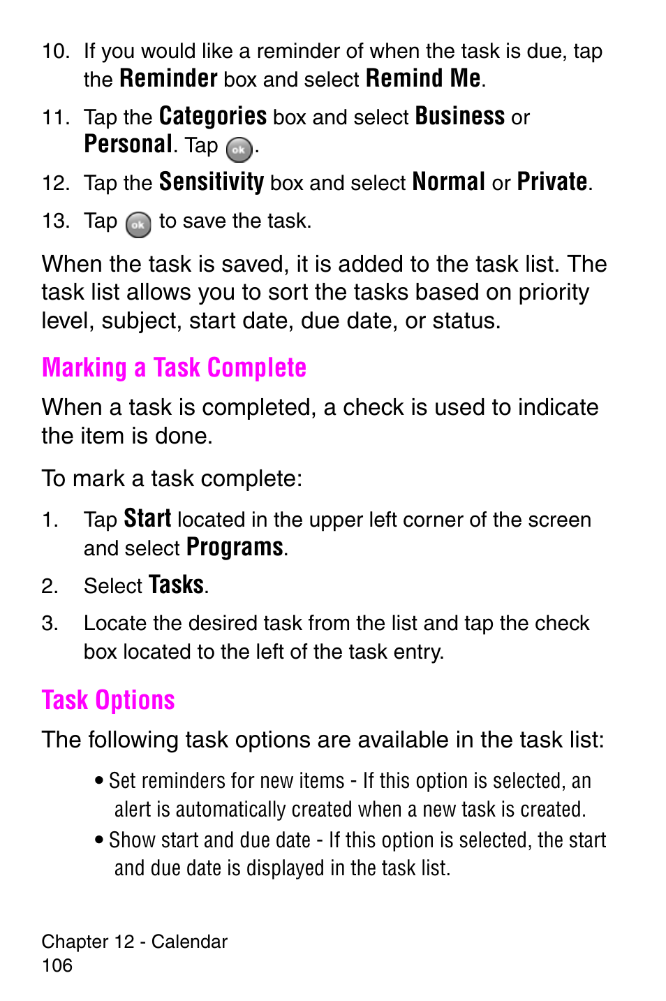 Marking a task complete, Task options | Samsung SCH-i700 Series User Manual | Page 106 / 194