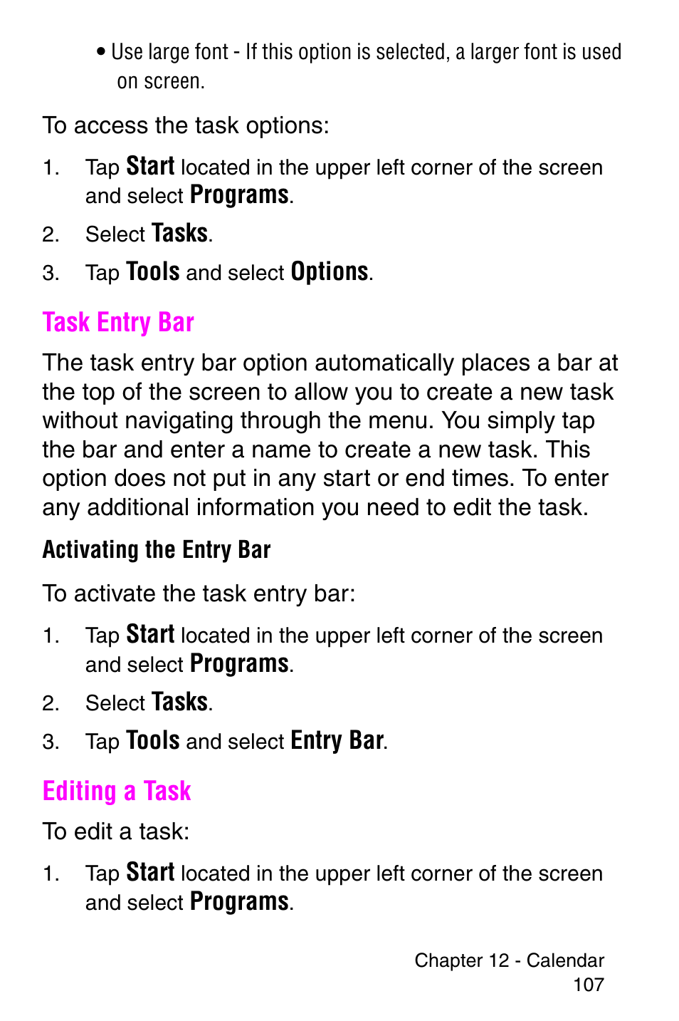 Task entry bar, Editing a task, Task entry bar editing a task | Samsung SCH-i700 Series User Manual | Page 107 / 194