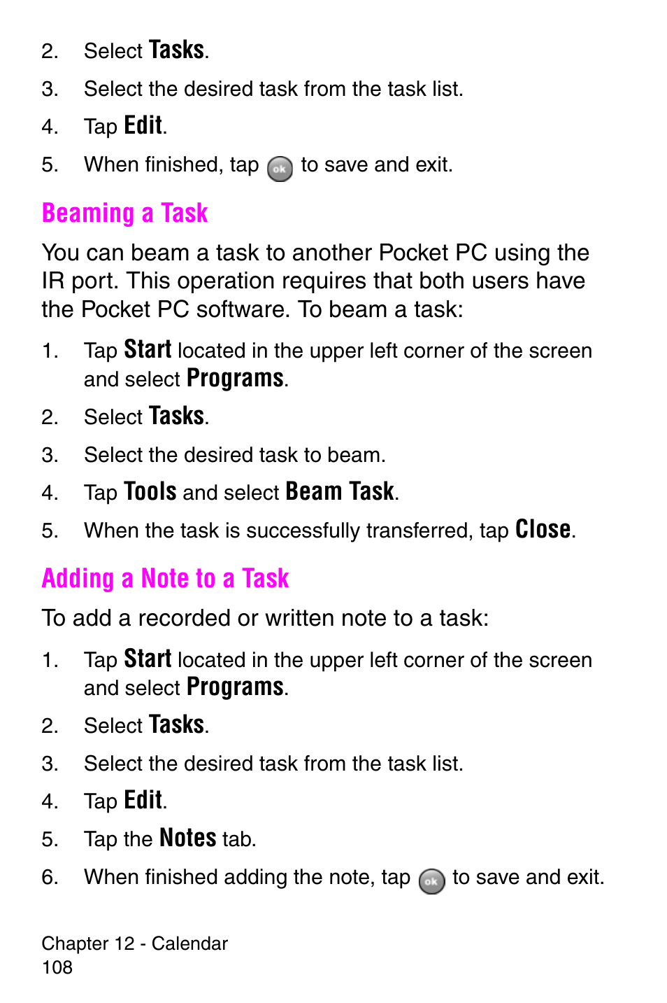 Beaming a task, Adding a note to a task, Beaming a task adding a note to a task | Samsung SCH-i700 Series User Manual | Page 108 / 194