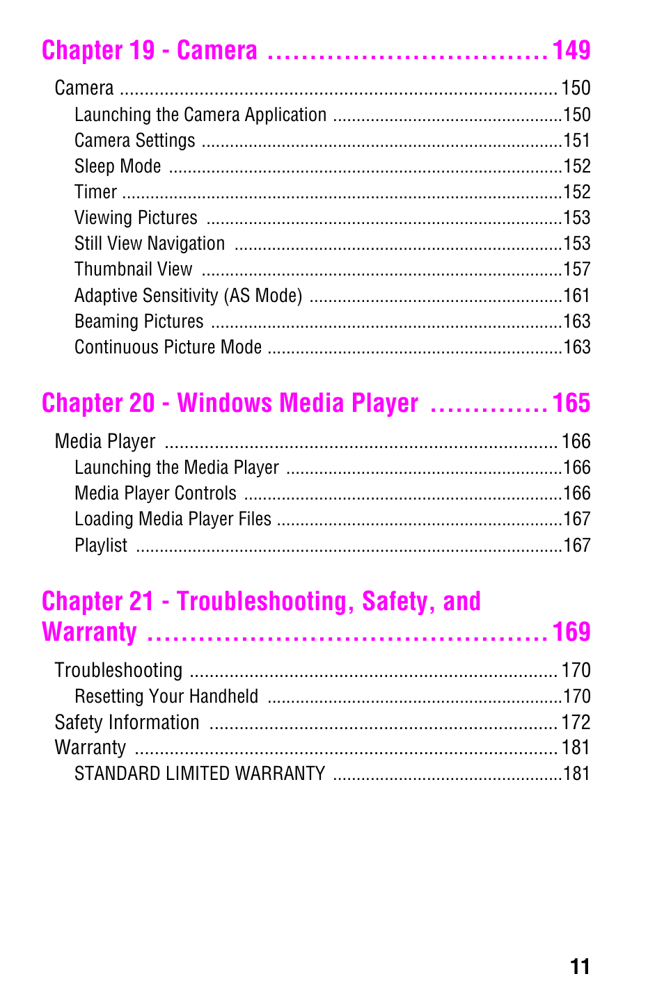 Chapter 19 - camera, Chapter 20 - windows media player, Chapter 21 - troubleshooting, safety, and warranty | Samsung SCH-i700 Series User Manual | Page 11 / 194