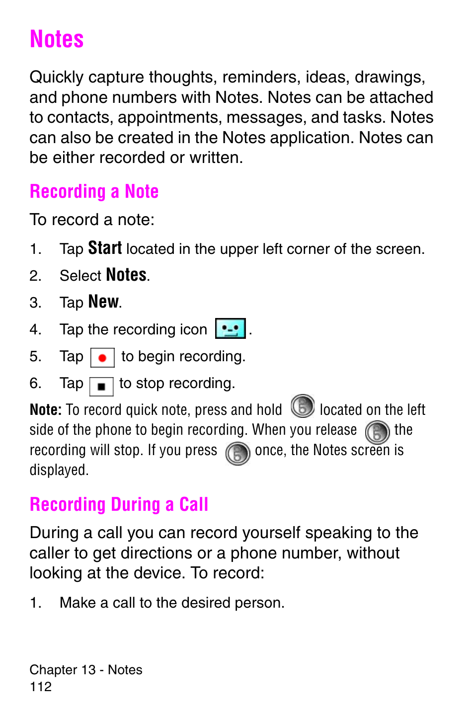 Notes, Recording a note, Recording during a call | Recording a note recording during a call | Samsung SCH-i700 Series User Manual | Page 112 / 194