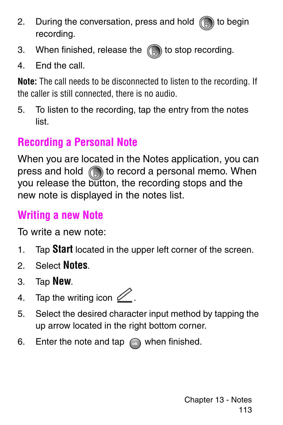 Recording a personal note, Writing a new note, Recording a personal note writing a new note | Start | Samsung SCH-i700 Series User Manual | Page 113 / 194