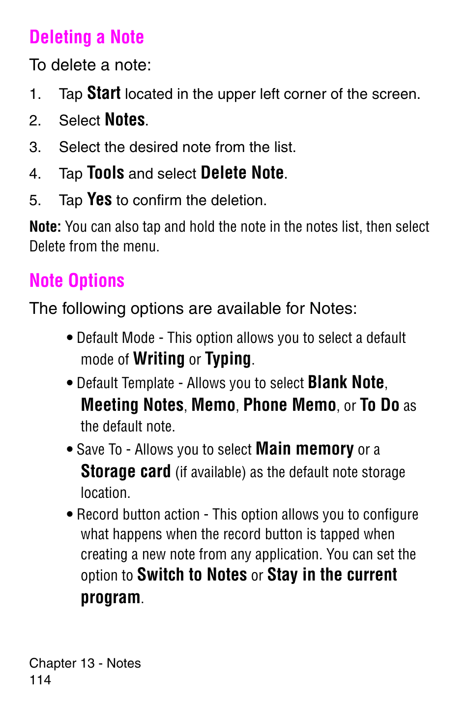 Deleting a note, Note options, Deleting a note note options | Samsung SCH-i700 Series User Manual | Page 114 / 194