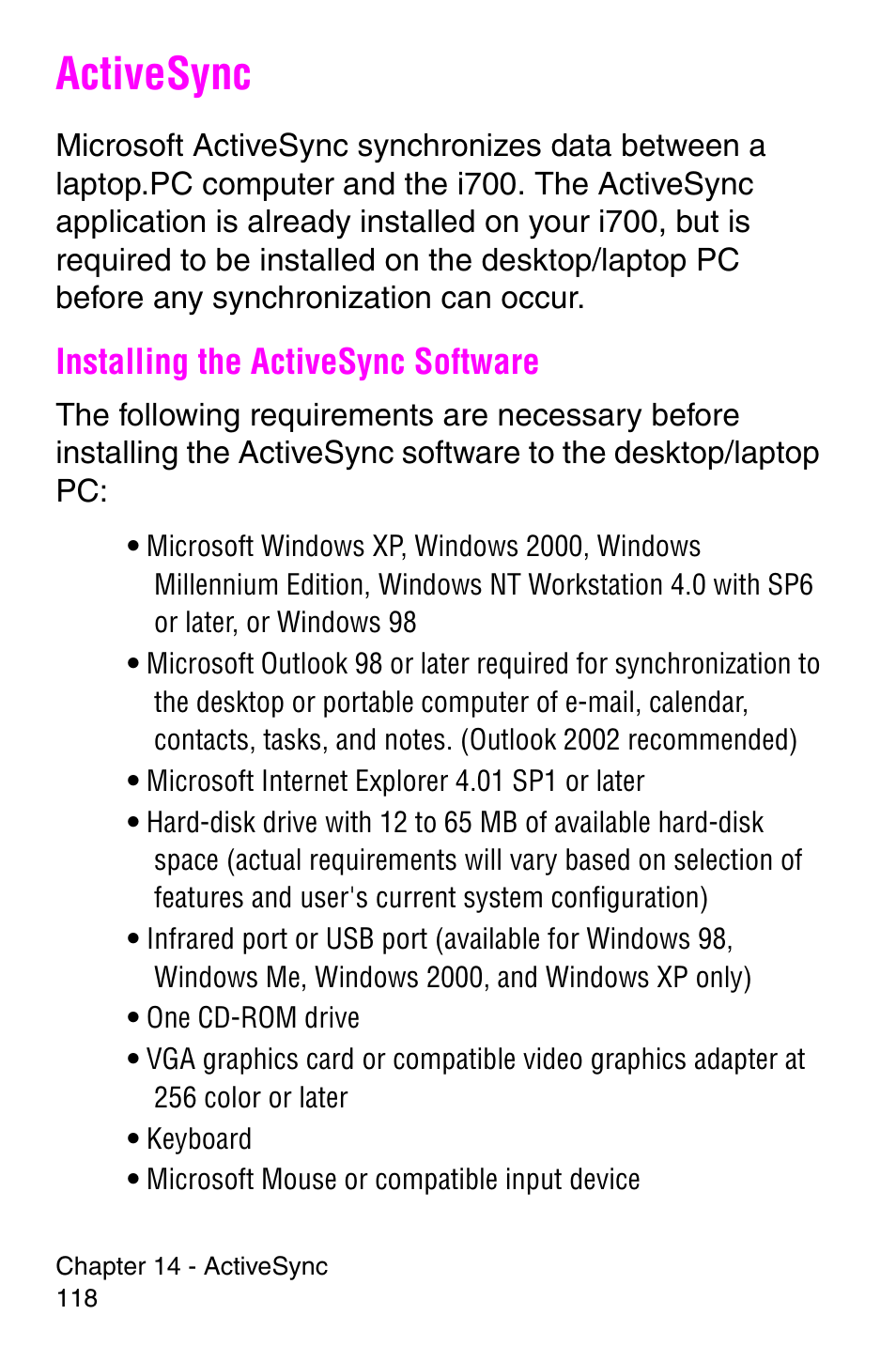 Activesync, Installing the activesync software | Samsung SCH-i700 Series User Manual | Page 118 / 194