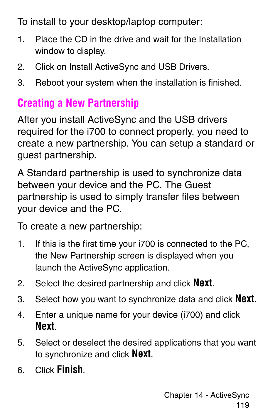 Creating a new partnership | Samsung SCH-i700 Series User Manual | Page 119 / 194