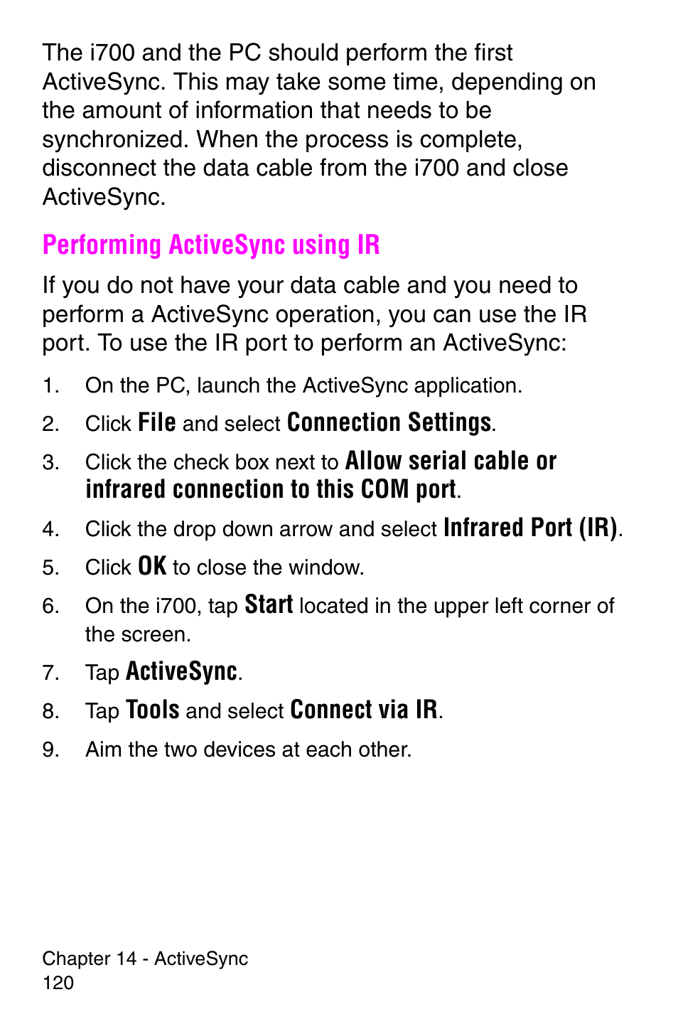 Performing activesync using ir | Samsung SCH-i700 Series User Manual | Page 120 / 194