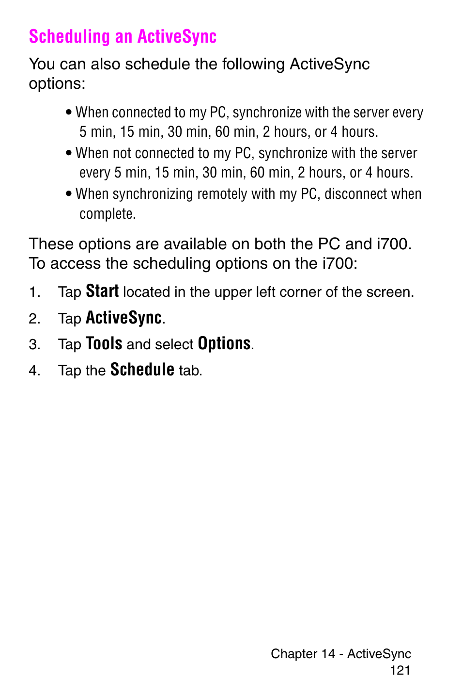 Scheduling an activesync | Samsung SCH-i700 Series User Manual | Page 121 / 194