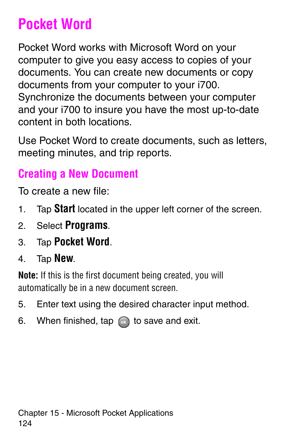 Pocket word, Creating a new document | Samsung SCH-i700 Series User Manual | Page 124 / 194