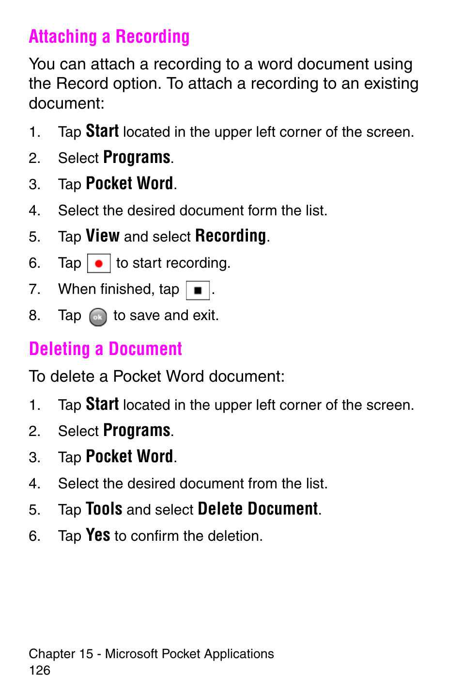 Attaching a recording, Deleting a document, Attaching a recording deleting a document | Samsung SCH-i700 Series User Manual | Page 126 / 194