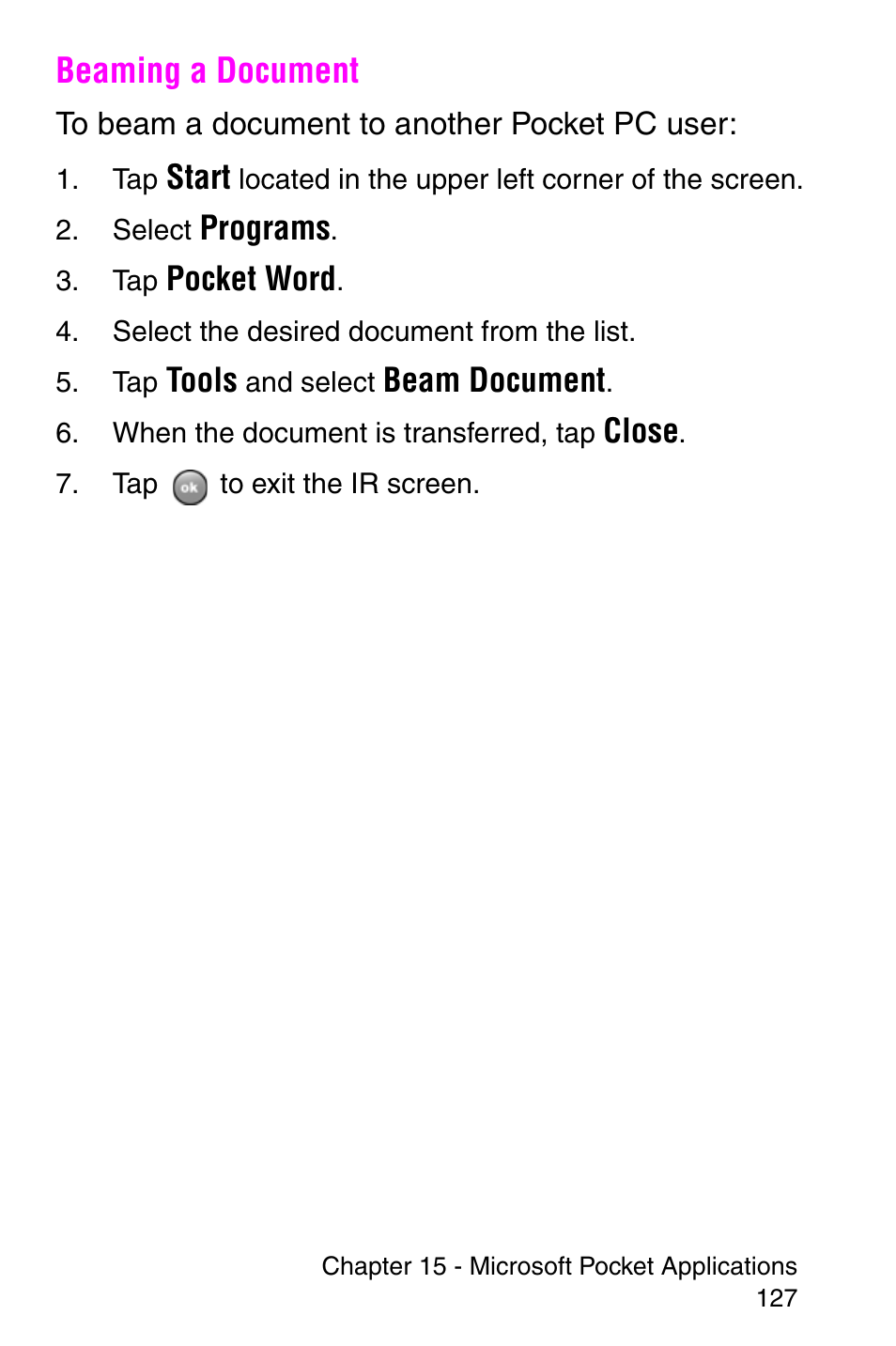 Beaming a document | Samsung SCH-i700 Series User Manual | Page 127 / 194