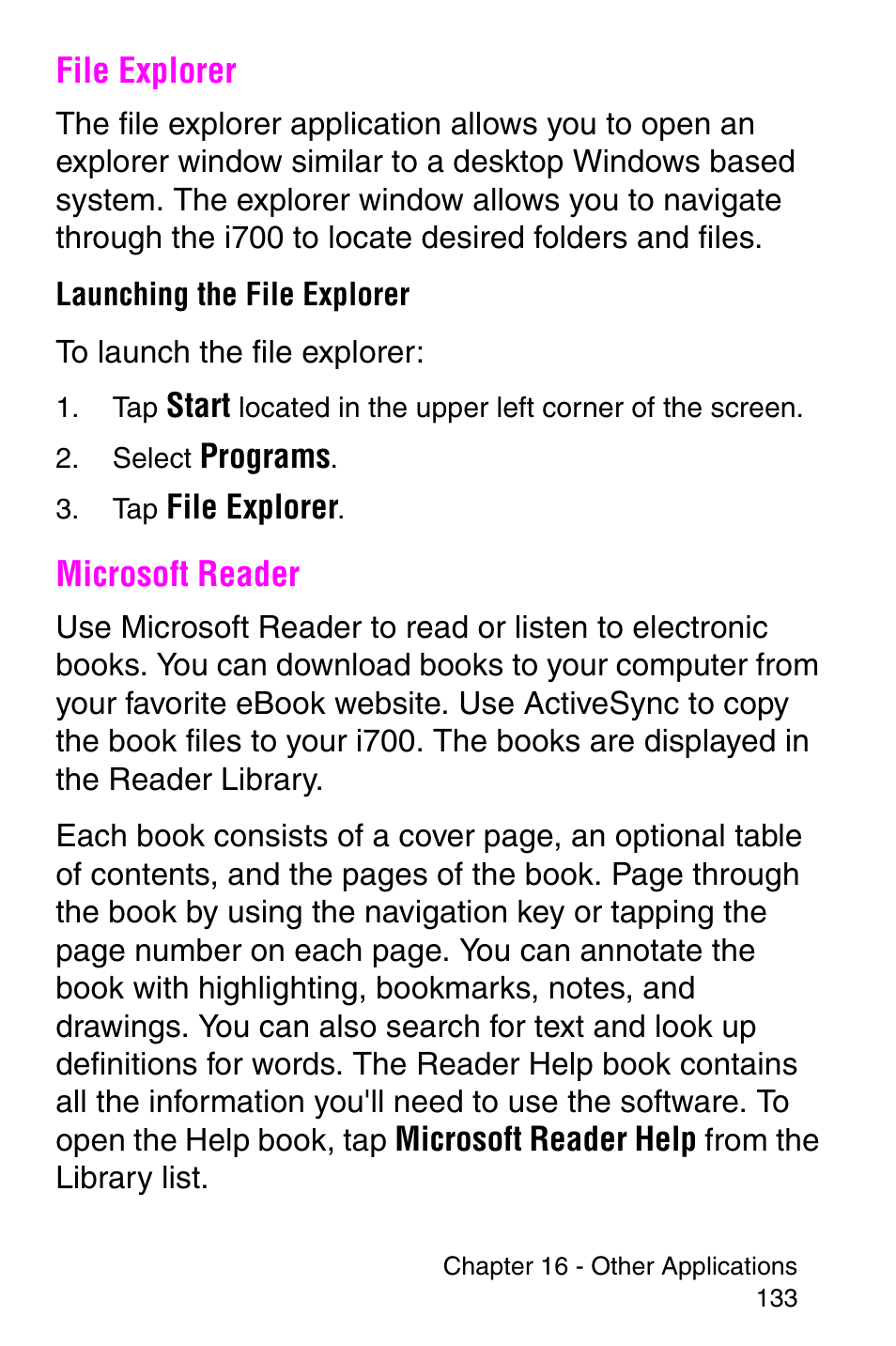 File explorer, Microsoft reader, File explorer microsoft reader | Samsung SCH-i700 Series User Manual | Page 133 / 194
