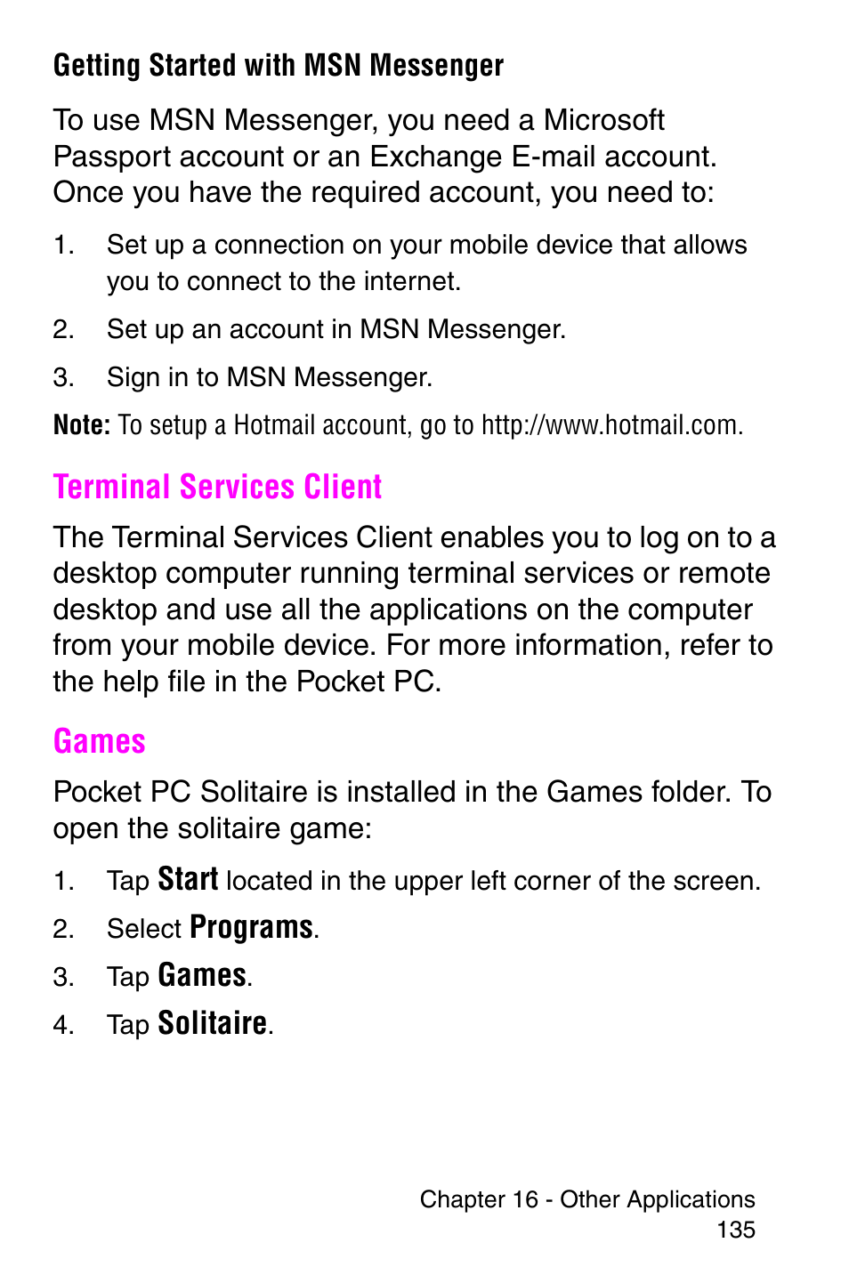 Terminal services client, Games, Terminal services client games | Samsung SCH-i700 Series User Manual | Page 135 / 194