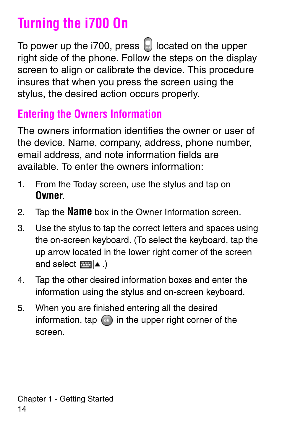 Turning the i700 on, Entering the owners information | Samsung SCH-i700 Series User Manual | Page 14 / 194