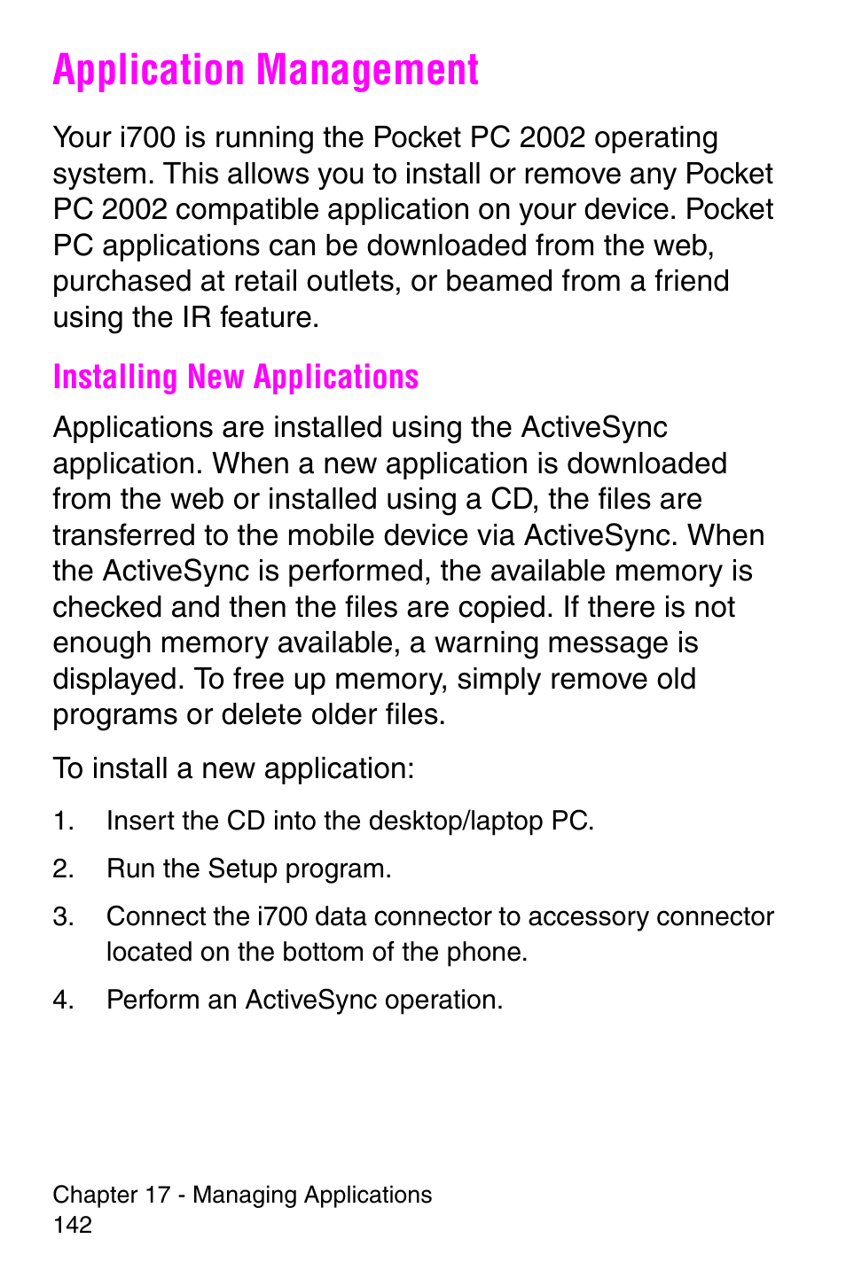 Application management, Installing new applications | Samsung SCH-i700 Series User Manual | Page 142 / 194