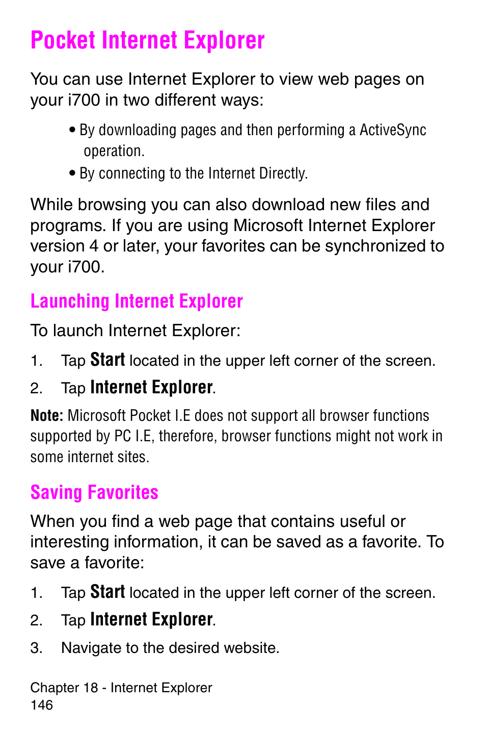Pocket internet explorer, Launching internet explorer, Saving favorites | Launching internet explorer saving favorites | Samsung SCH-i700 Series User Manual | Page 146 / 194